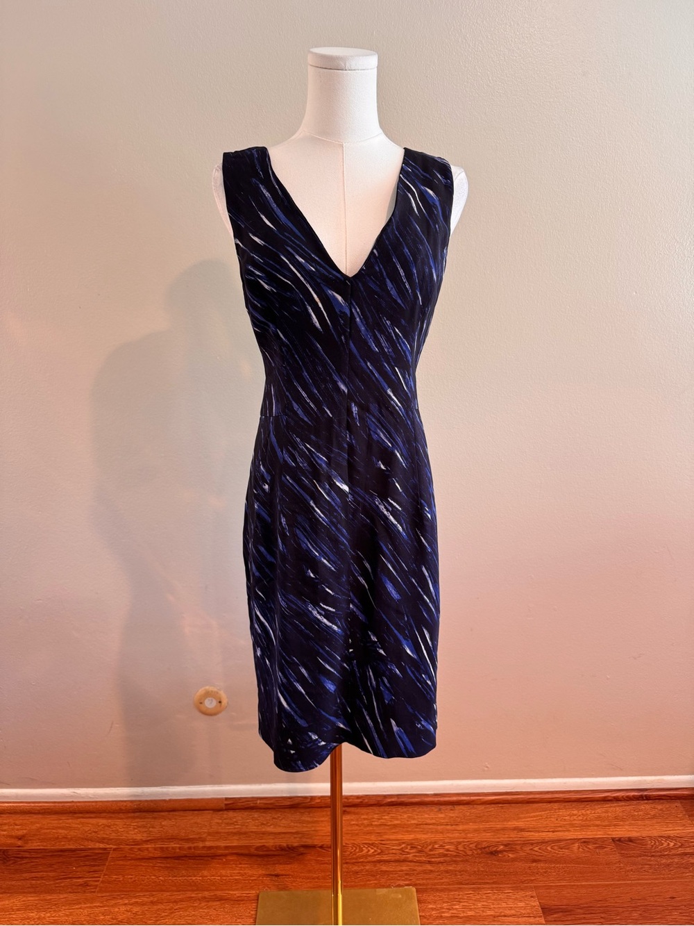 Milly Navy and White V-Neck Abstract Midi Dress